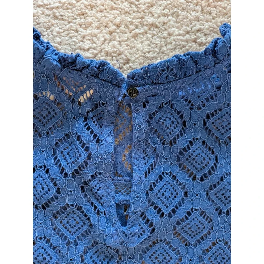 LOFT Royal Blue Geometric Lace Mock Neck Ruffle Trim Short Sleeve Blouse Small